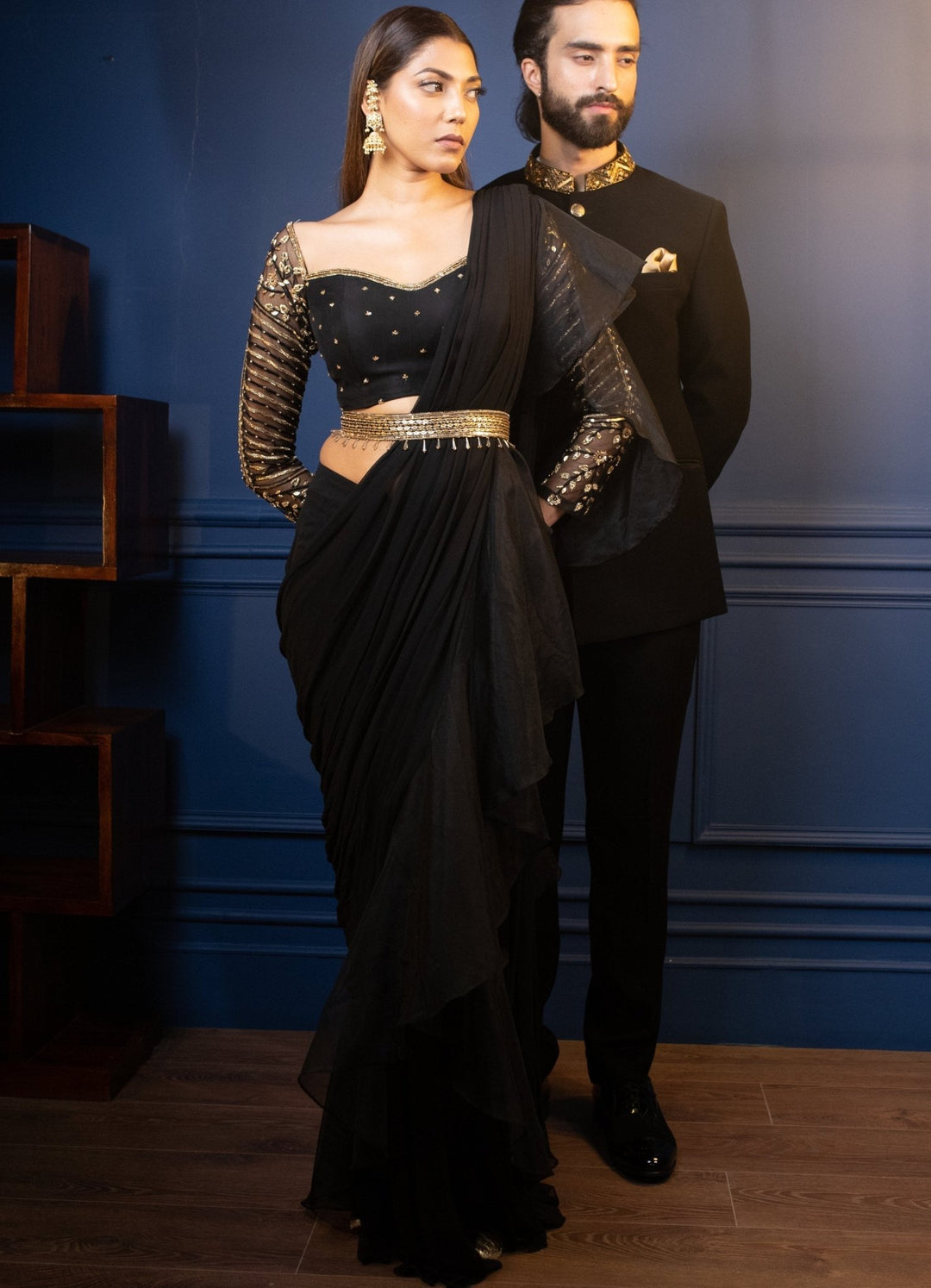 Black and Gold Draped Saree Set Parul Gandhi - Fabilicious Fashion