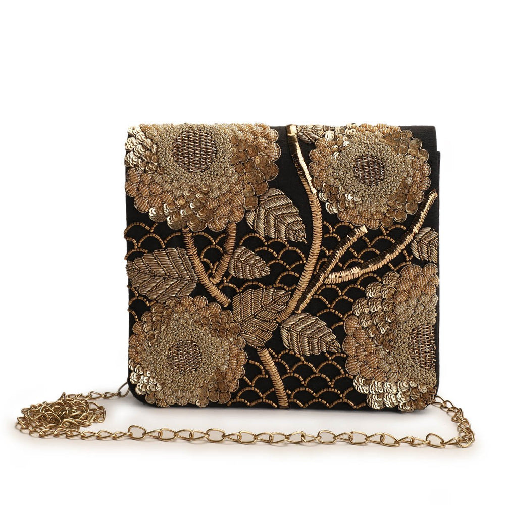 Black and Gold Flap Clutch The Purple Sack - Fabilicious Fashion