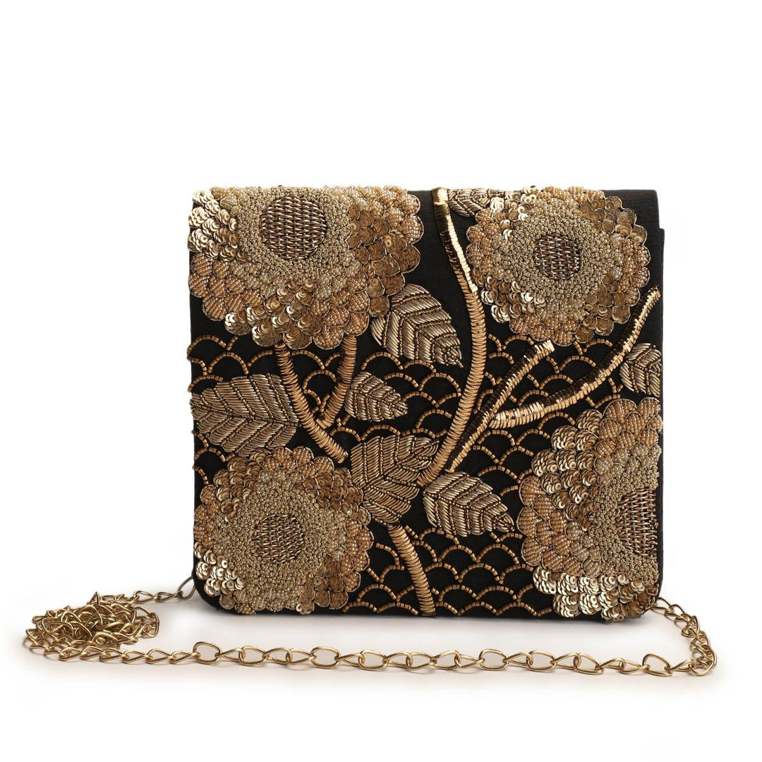 Black and Gold Flap Clutch The Purple Sack - Fabilicious Fashion