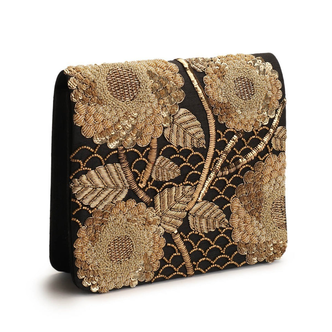Black and Gold Flap Clutch The Purple Sack - Fabilicious Fashion