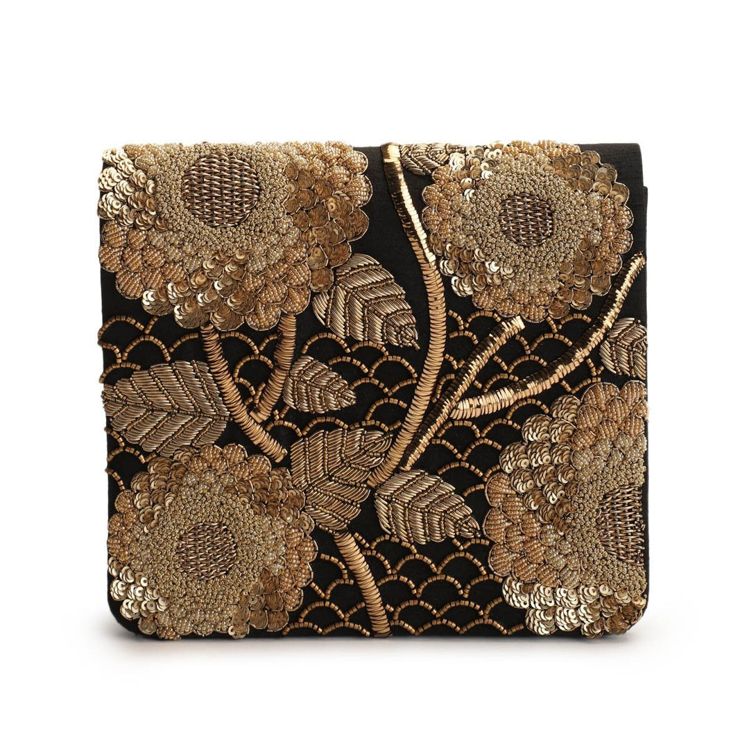 Black and Gold Flap Clutch The Purple Sack - Fabilicious Fashion