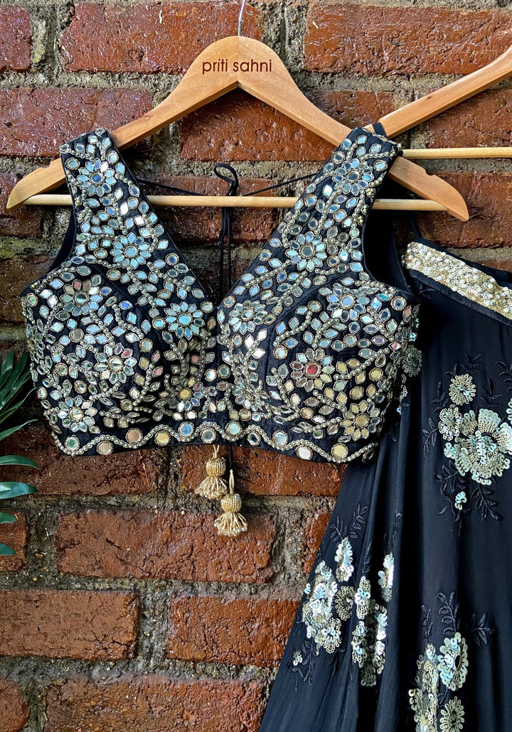 Black And Gold Mirrorwork Embroidered Lehenga Priti Sahni - Fabilicious Fashion