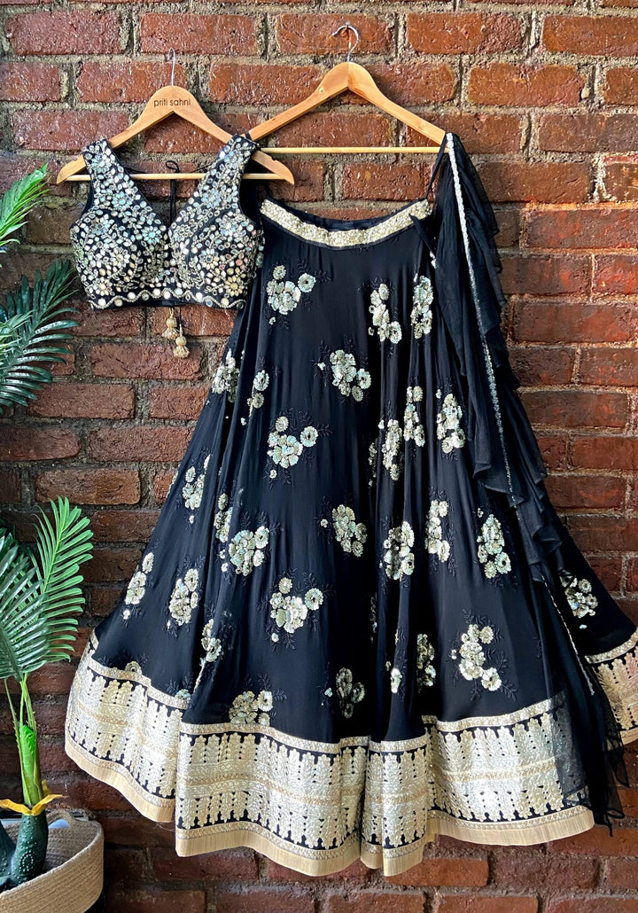 Black And Gold Mirrorwork Embroidered Lehenga Priti Sahni - Fabilicious Fashion