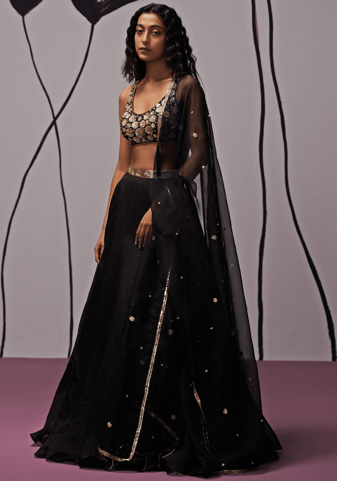 Black And Gold Organza Lehenga Set Zoon Tribe - Fabilicious Fashion