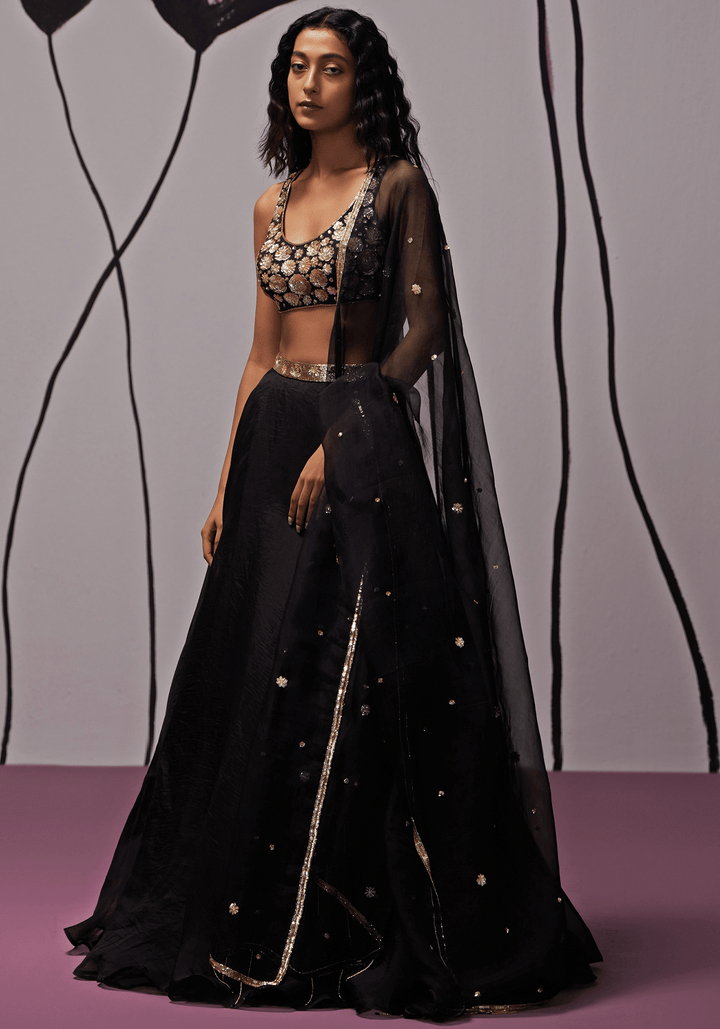 Black And Gold Organza Lehenga Set Zoon Tribe - Fabilicious Fashion