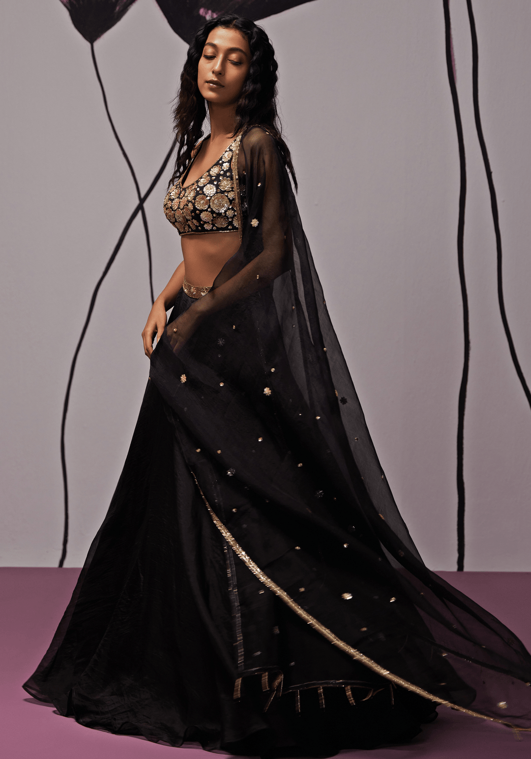 Black And Gold Organza Lehenga Set Zoon Tribe - Fabilicious Fashion