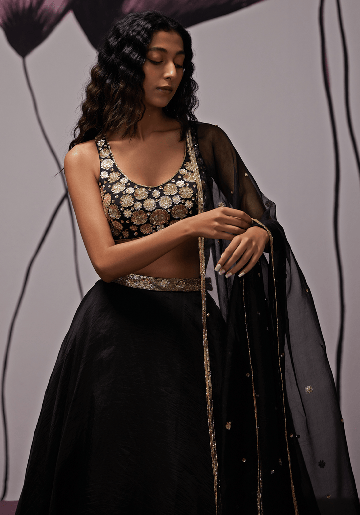 Black And Gold Organza Lehenga Set Zoon Tribe - Fabilicious Fashion