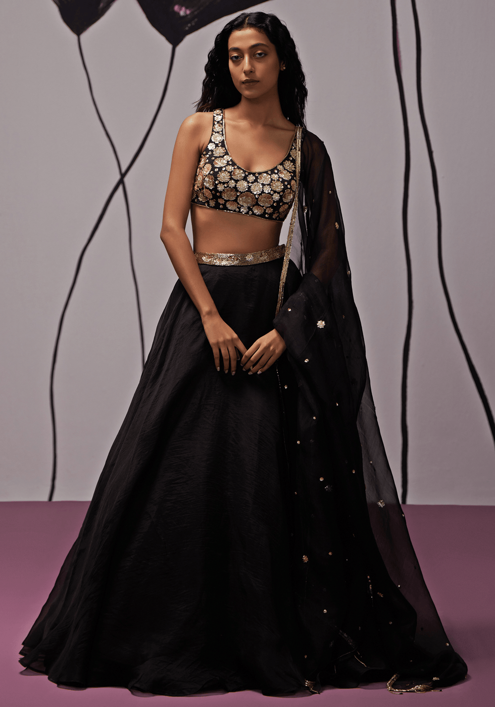 Black And Gold Organza Lehenga Set Zoon Tribe - Fabilicious Fashion