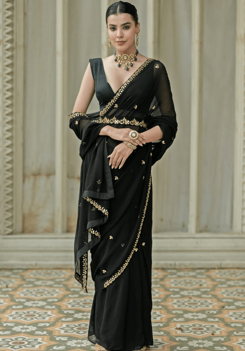 Black and Gold Pre Draped Saree Set Esha Koul - Fabilicious Fashion