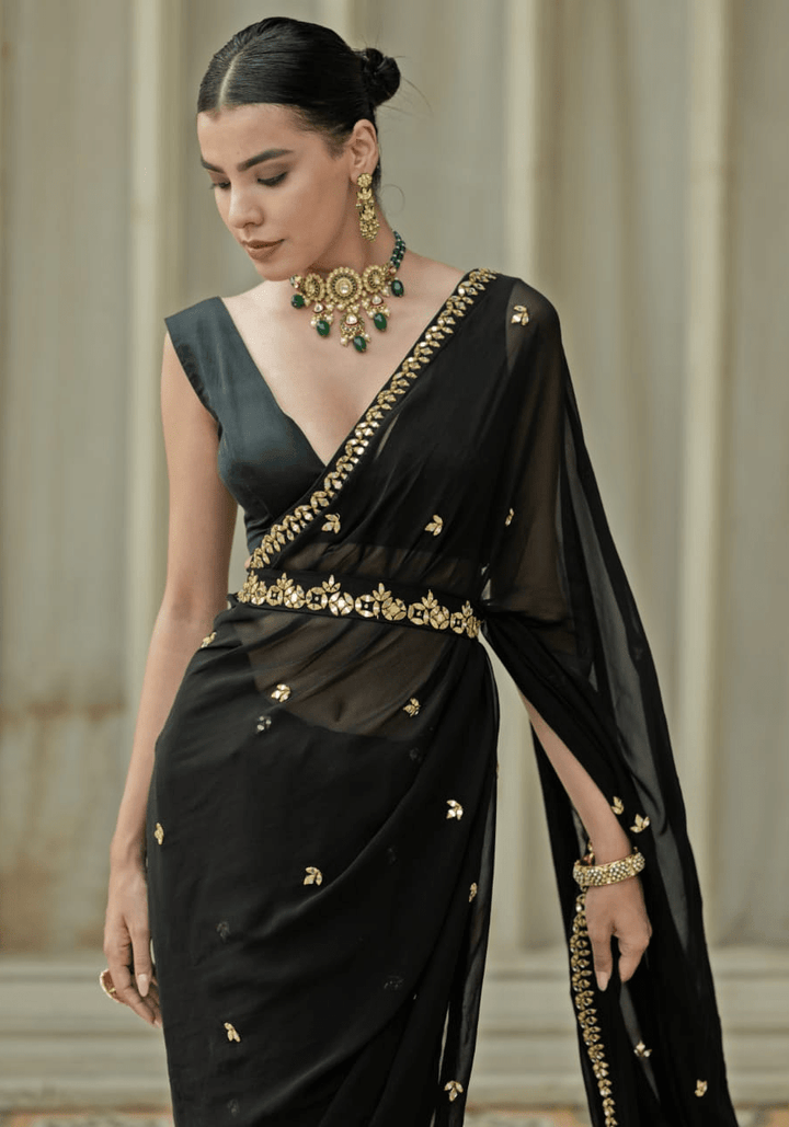 Black and Gold Pre Draped Saree Set Esha Koul - Fabilicious Fashion