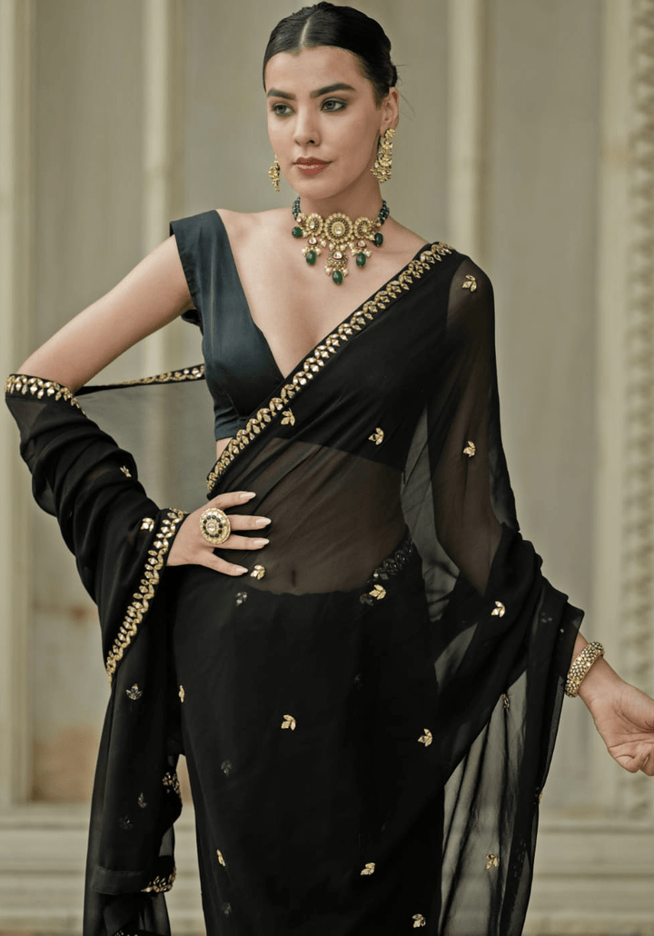Black and Gold Pre Draped Saree Set Esha Koul - Fabilicious Fashion