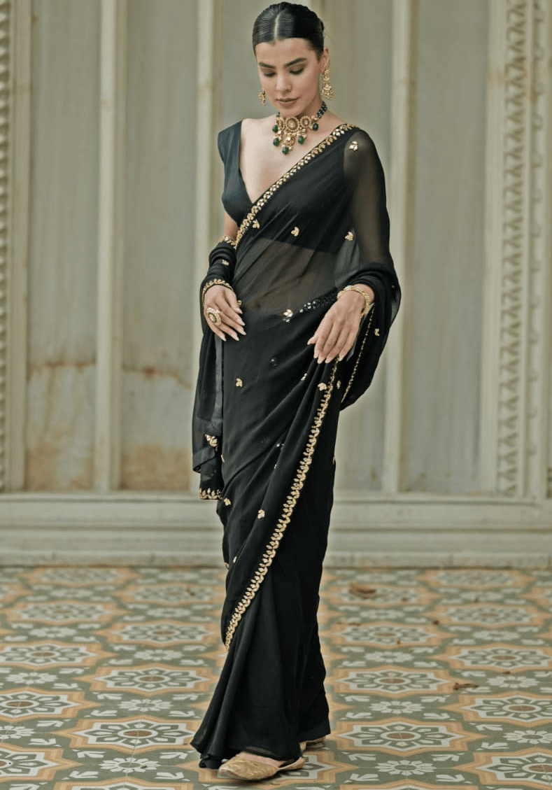 Black and Gold Pre Draped Saree Set Esha Koul - Fabilicious Fashion