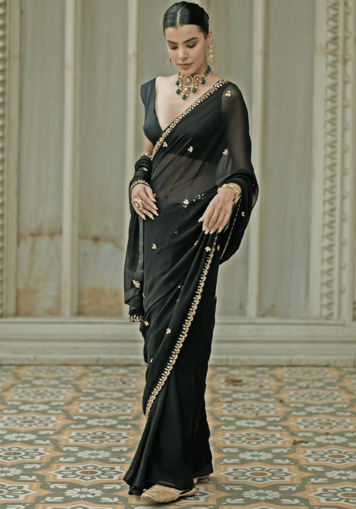 Black and Gold Pre Draped Saree Set Esha Koul - Fabilicious Fashion