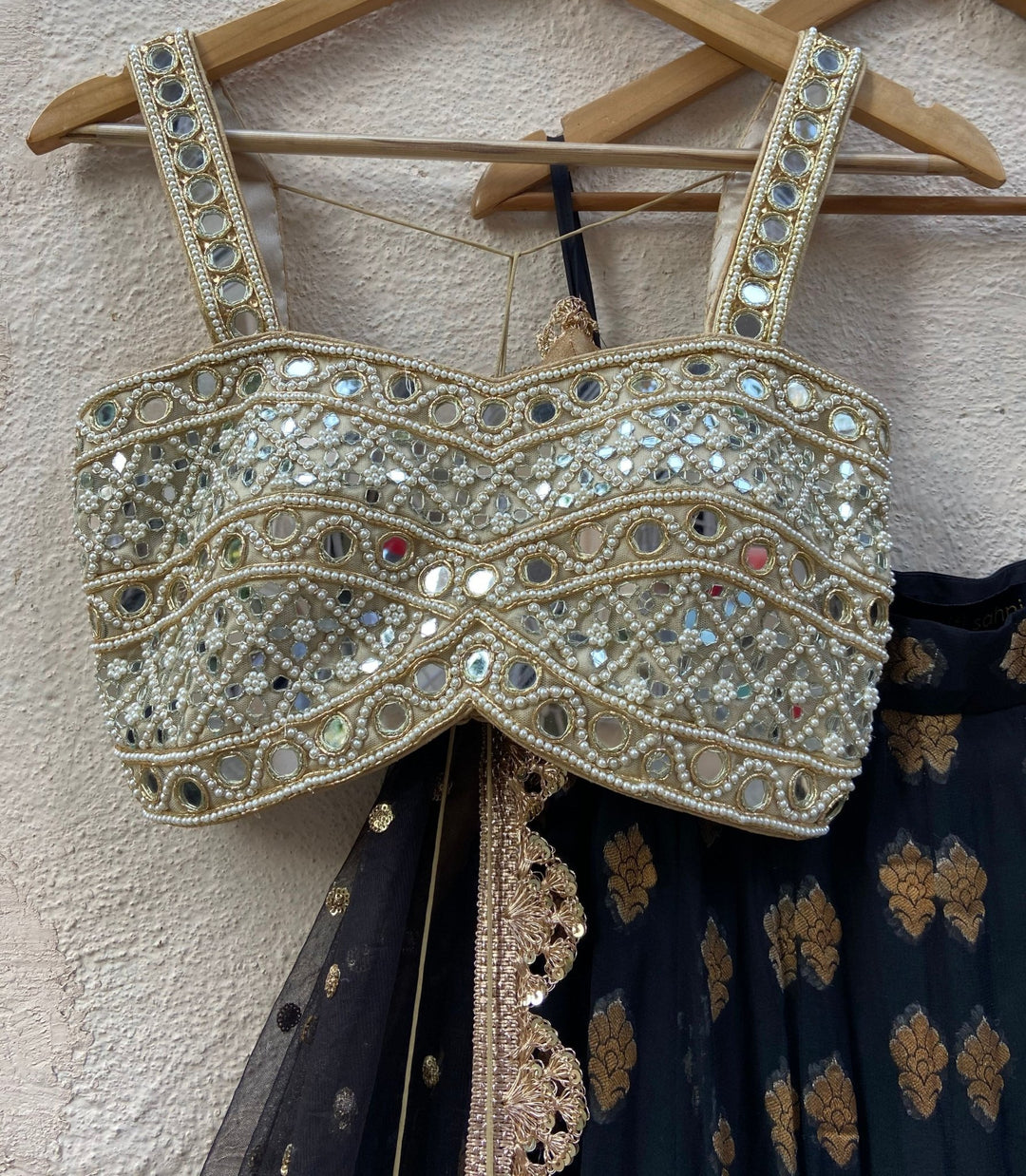 Black and Gold Ruffle Lehenga Set With Bustier Mirror Blouse Priti Sahni - Fabilicious Fashion