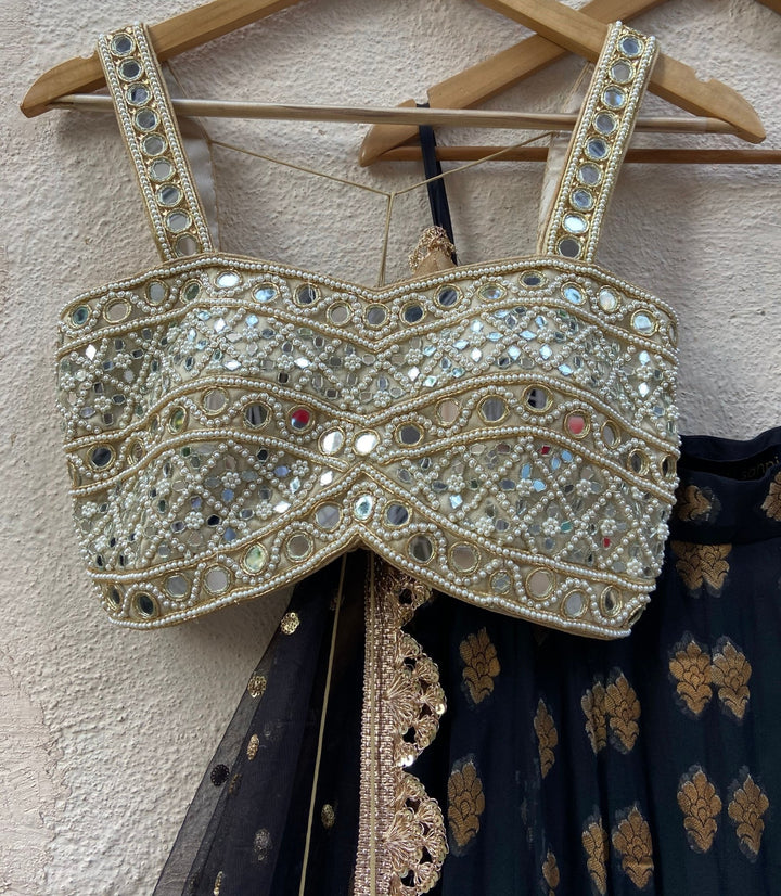 Black and Gold Ruffle Lehenga Set With Bustier Mirror Blouse Priti Sahni - Fabilicious Fashion