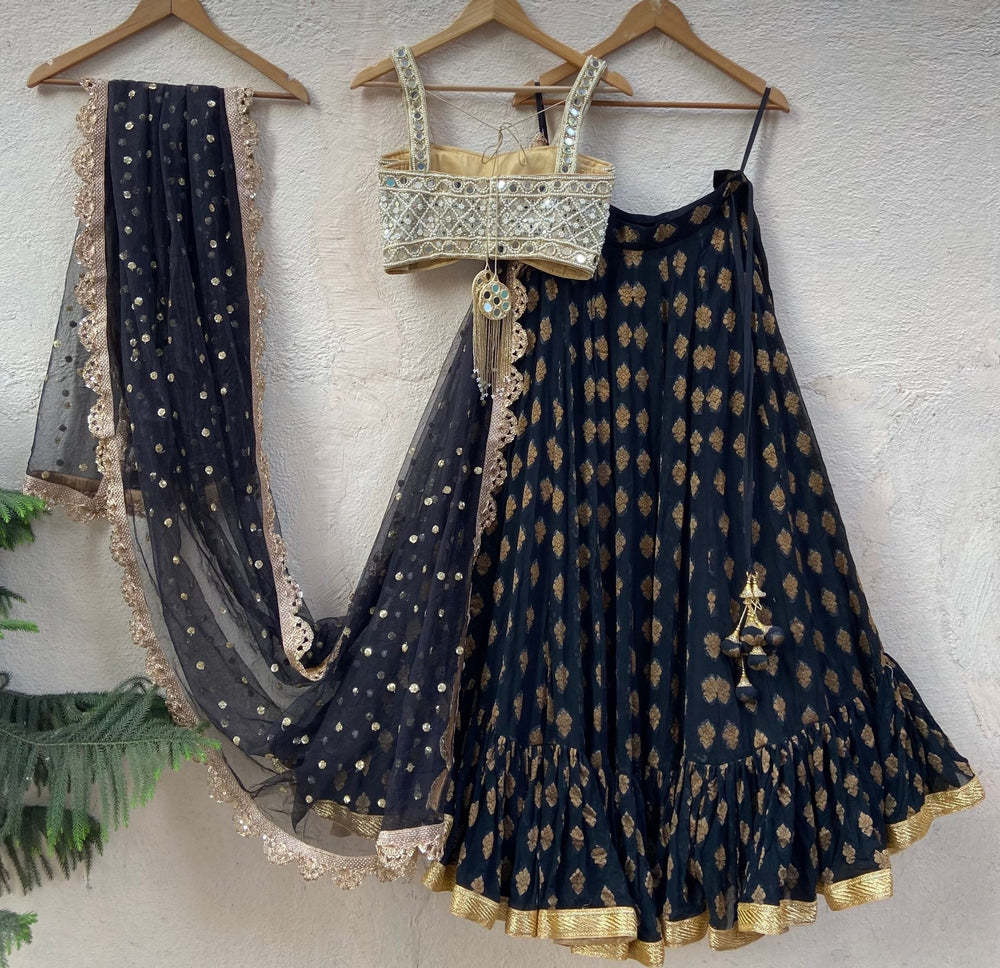 Black and Gold Ruffle Lehenga Set With Bustier Mirror Blouse Priti Sahni - Fabilicious Fashion