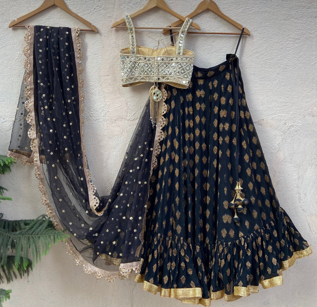 Black and Gold Ruffle Lehenga Set With Bustier Mirror Blouse Priti Sahni - Fabilicious Fashion