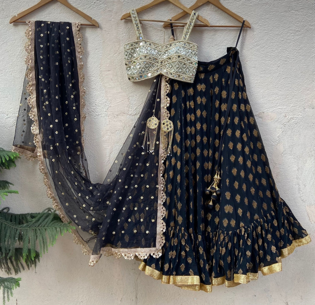 Black and Gold Ruffle Lehenga Set With Bustier Mirror Blouse Priti Sahni - Fabilicious Fashion