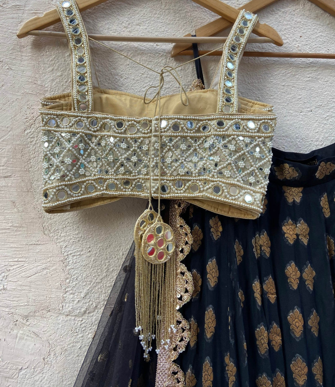 Black and Gold Ruffle Lehenga Set With Bustier Mirror Blouse Priti Sahni - Fabilicious Fashion