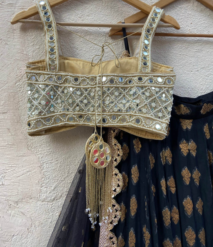 Black and Gold Ruffle Lehenga Set With Bustier Mirror Blouse Priti Sahni - Fabilicious Fashion