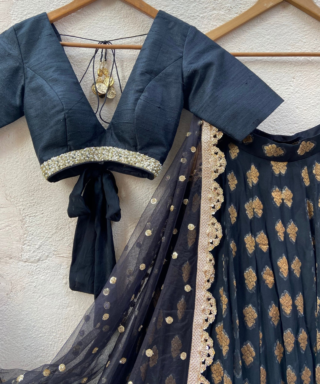 Black and Gold Ruffle Lehenga Set Priti Sahni - Fabilicious Fashion