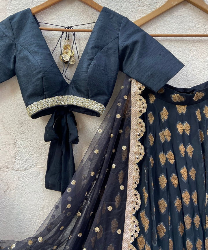 Black and Gold Ruffle Lehenga Set Priti Sahni - Fabilicious Fashion
