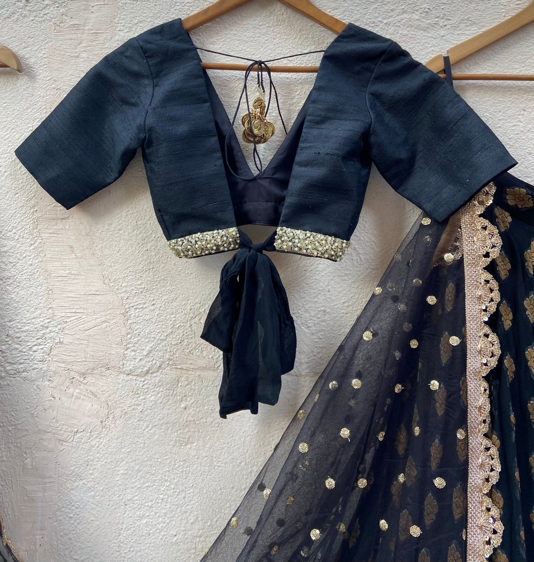 Black and Gold Ruffle Lehenga Set Priti Sahni - Fabilicious Fashion
