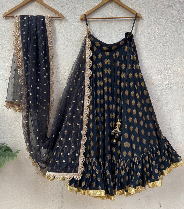 Black and Gold Ruffle Lehenga Set Priti Sahni - Fabilicious Fashion