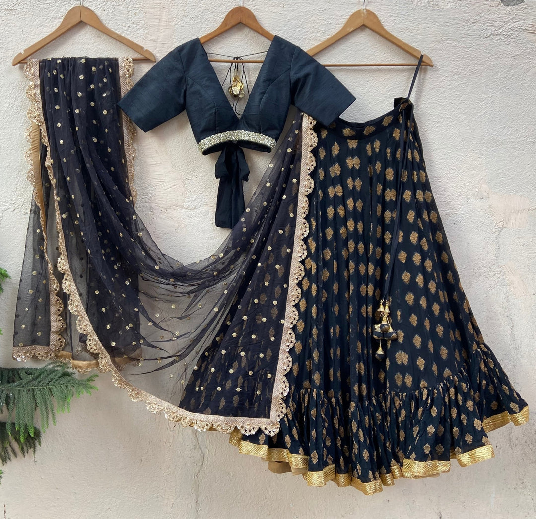 Black and Gold Ruffle Lehenga Set Priti Sahni - Fabilicious Fashion