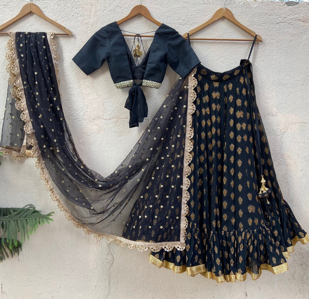 Black and Gold Ruffle Lehenga Set Priti Sahni - Fabilicious Fashion