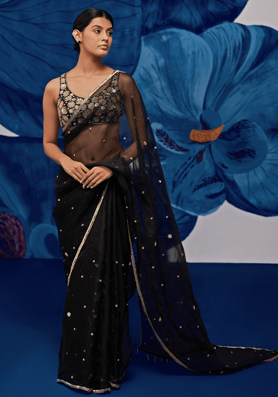 Black And Gold Silk Organza Embroidered Saree Set Zoon Tribe - Fabilicious Fashion
