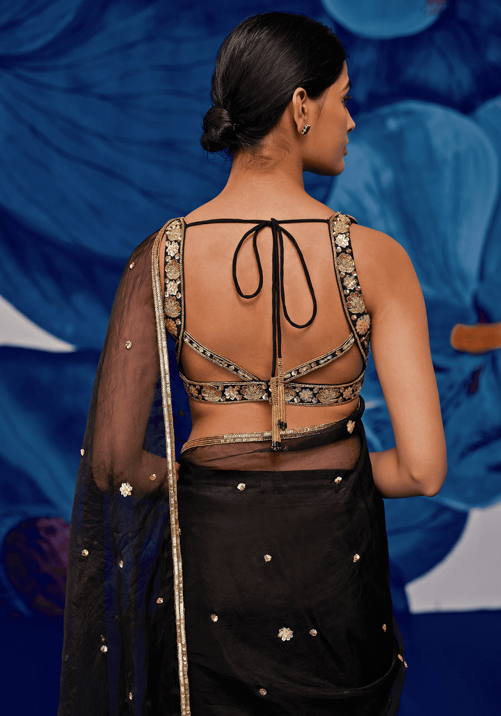 Black And Gold Silk Organza Embroidered Saree Set Zoon Tribe - Fabilicious Fashion