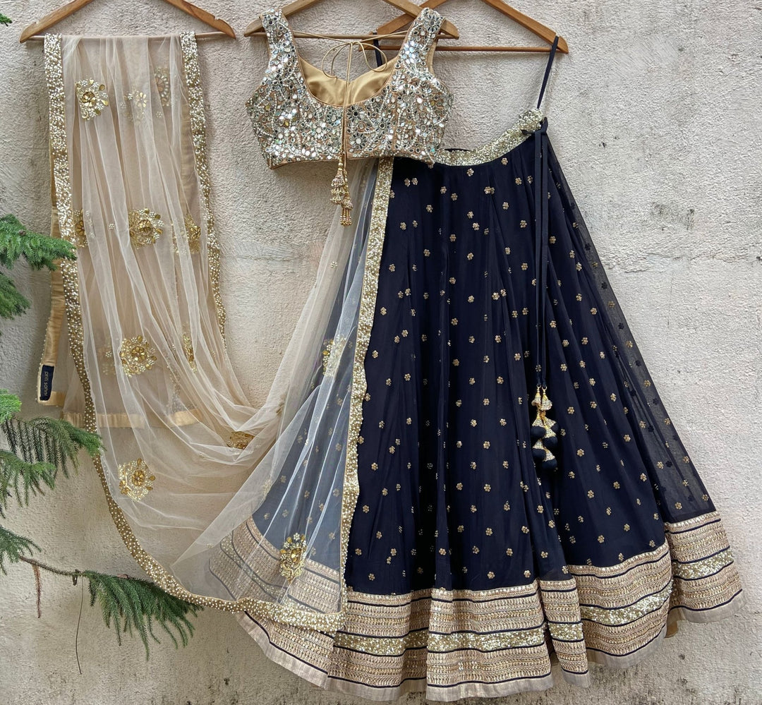 Black and Nude Gold Embroidered Lehenga Set Priti Sahni - Fabilicious Fashion