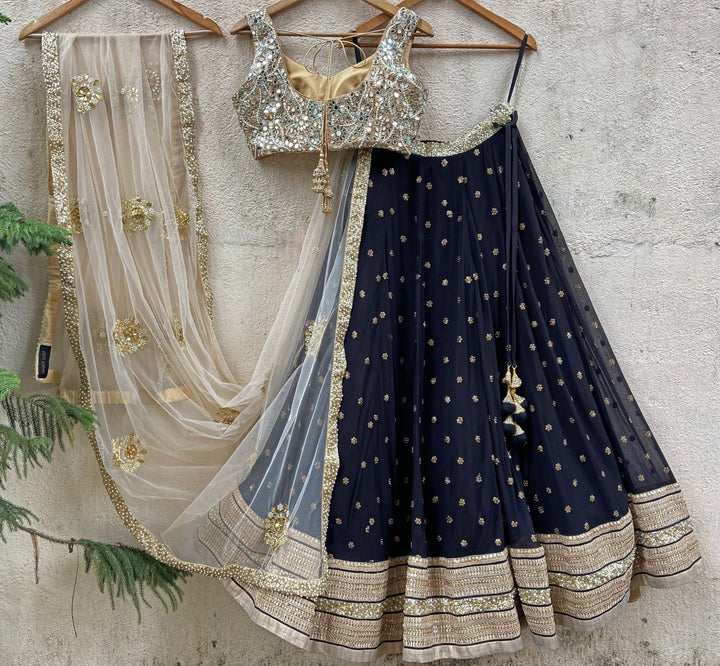 Black and Nude Gold Embroidered Lehenga Set Priti Sahni - Fabilicious Fashion