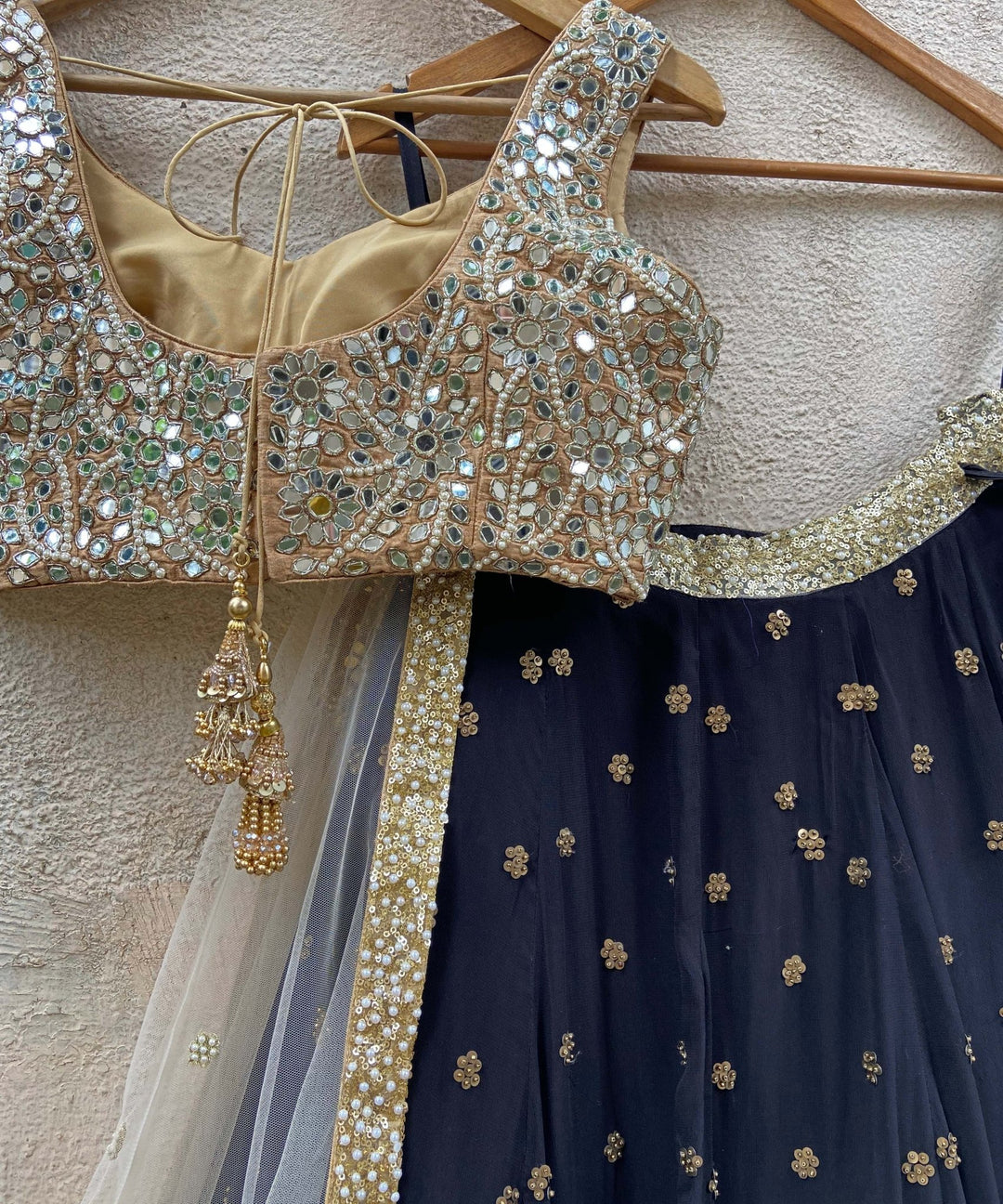 Black and Nude Gold Embroidered Lehenga Set Priti Sahni - Fabilicious Fashion