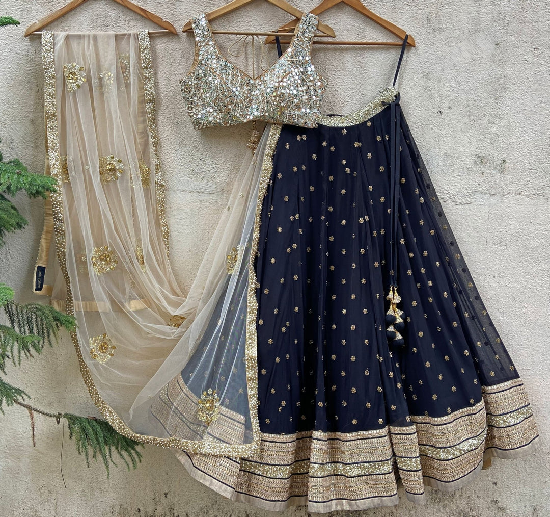 Black and Nude Gold Embroidered Lehenga Set Priti Sahni - Fabilicious Fashion
