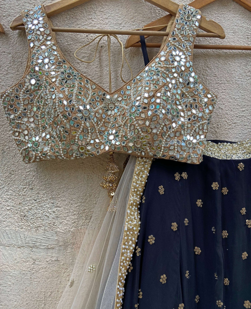 Black and Nude Gold Embroidered Lehenga Set Priti Sahni - Fabilicious Fashion