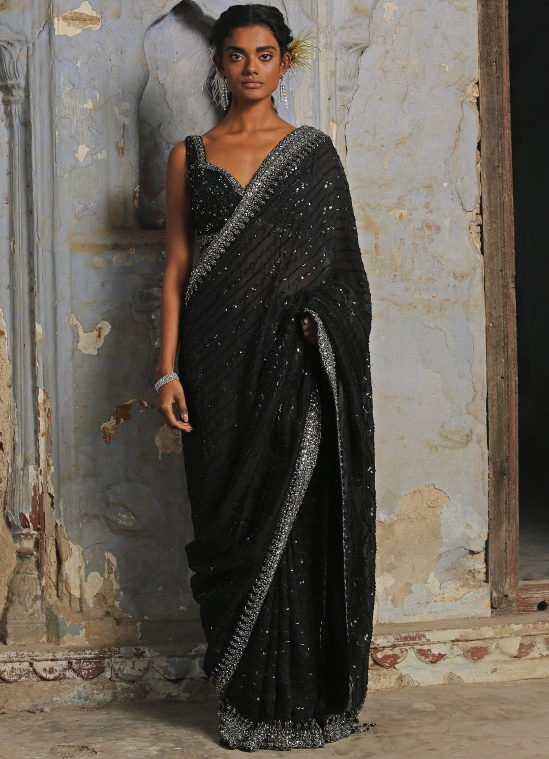 Black and Silver Organza Saree Set Nitika Gujral - Fabilicious Fashion