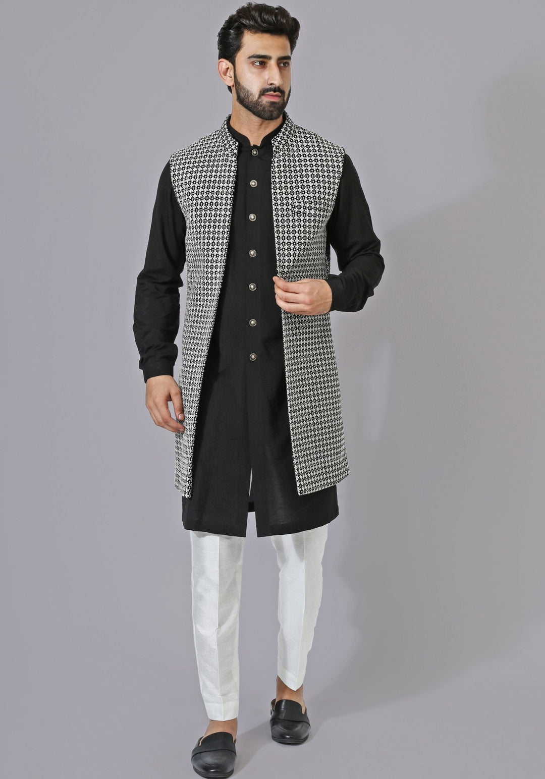 Black and White Textured Nehru Jacket Kurta Set Chatenya Mittal - Fabilicious Fashion