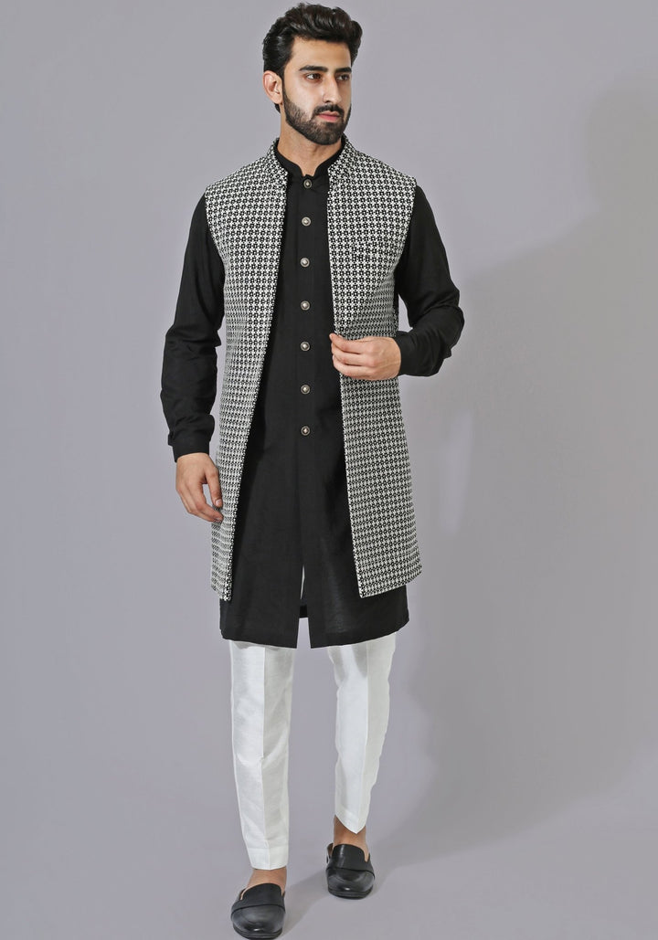 Black and White Textured Nehru Jacket Kurta Set Chatenya Mittal - Fabilicious Fashion