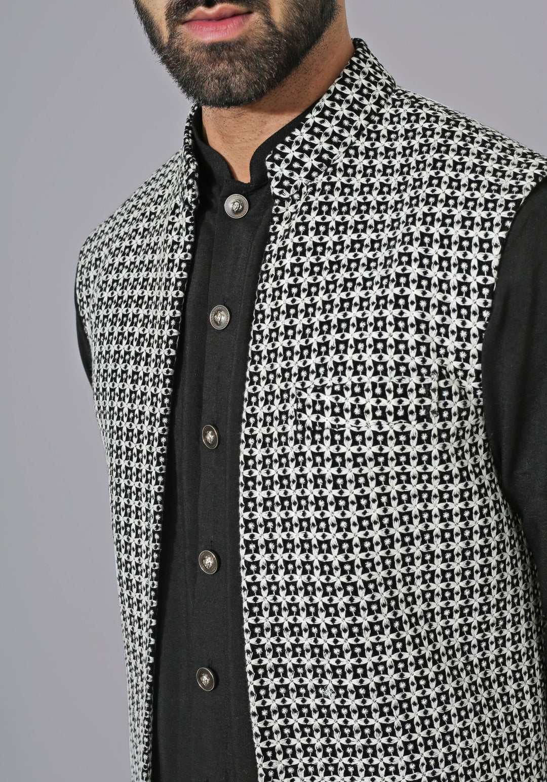 Black and White Textured Nehru Jacket Kurta Set Chatenya Mittal - Fabilicious Fashion