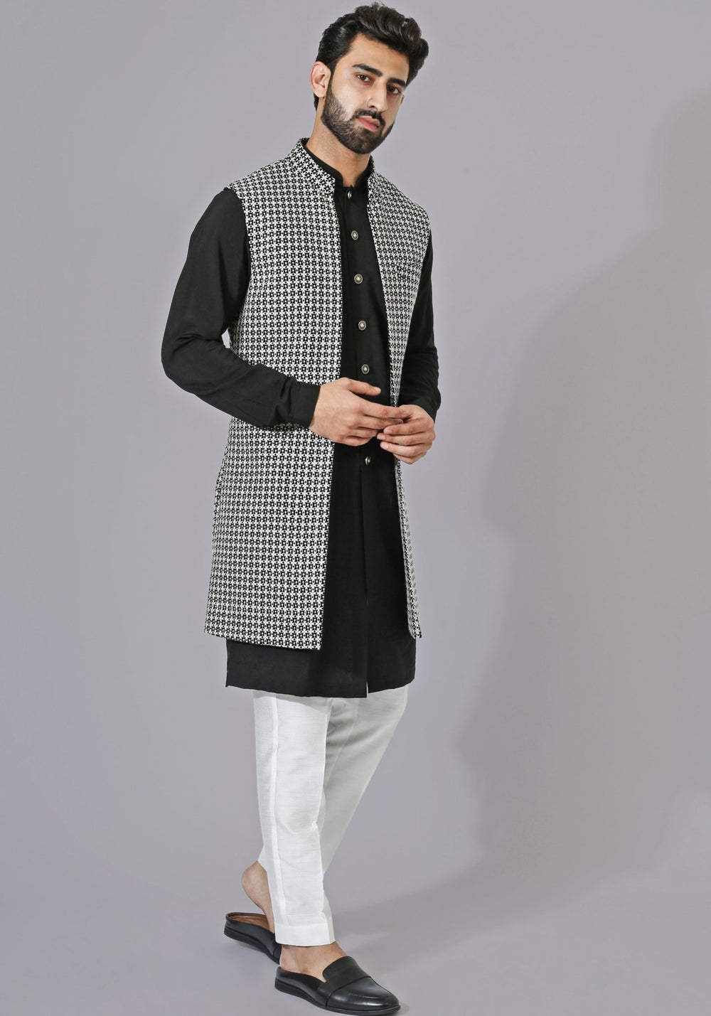 Black and White Textured Nehru Jacket Kurta Set Chatenya Mittal - Fabilicious Fashion