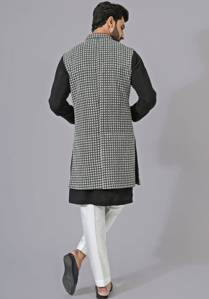 Black and White Textured Nehru Jacket Kurta Set Chatenya Mittal - Fabilicious Fashion