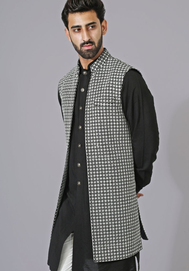 Black and White Textured Nehru Jacket Kurta Set Chatenya Mittal - Fabilicious Fashion