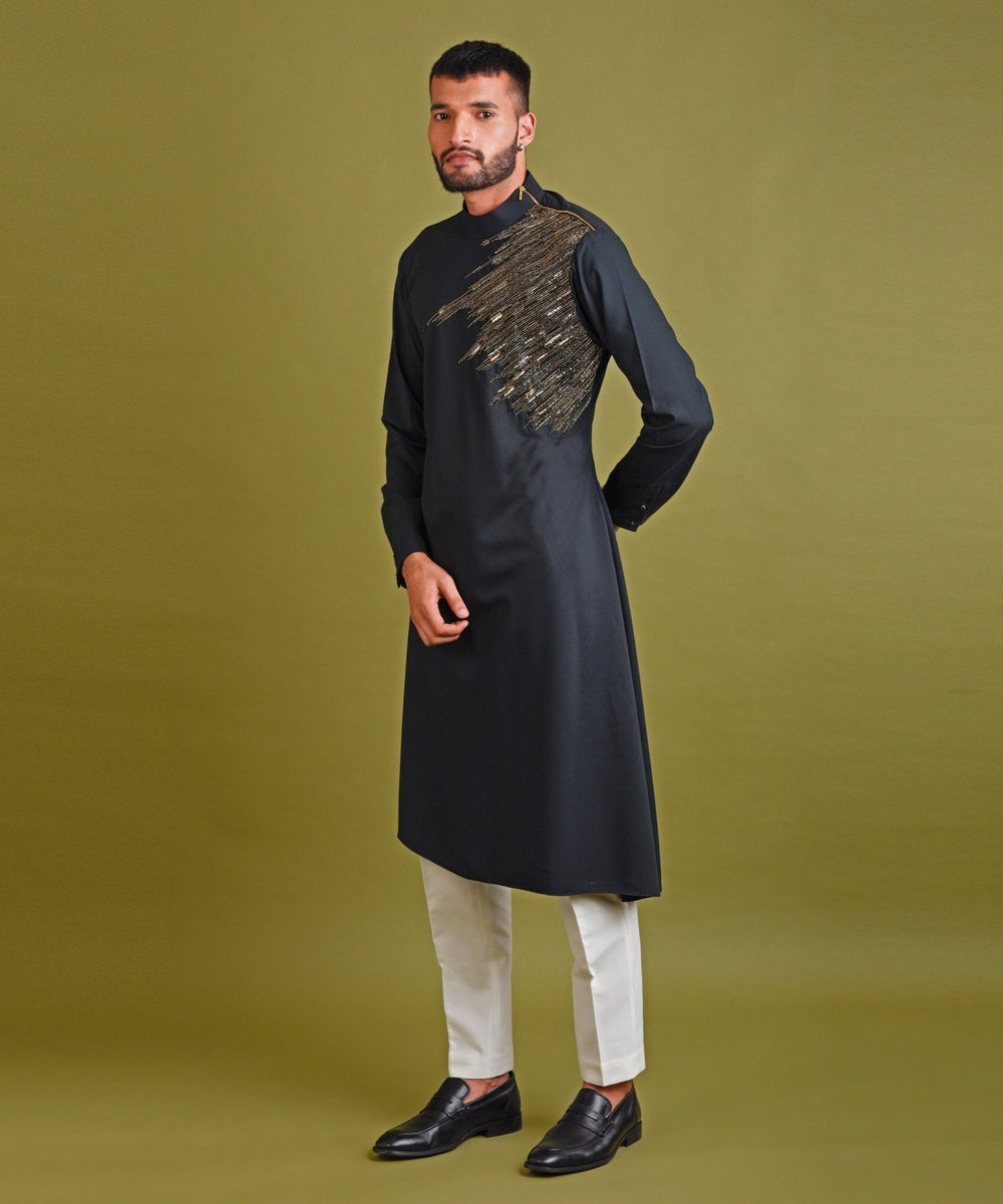 Black Asymetrical Kurta With Chest Cutdana Work Chatenya Mittal - Fabilicious Fashion