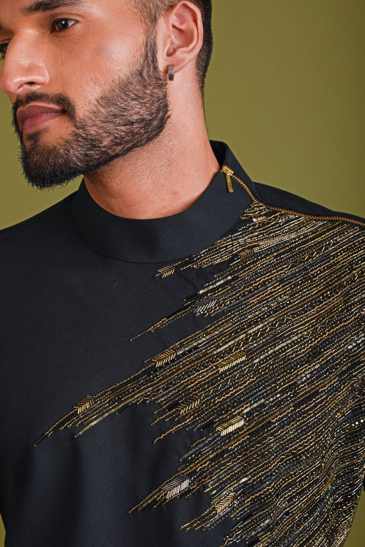 Black Asymetrical Kurta With Chest Cutdana Work Chatenya Mittal - Fabilicious Fashion