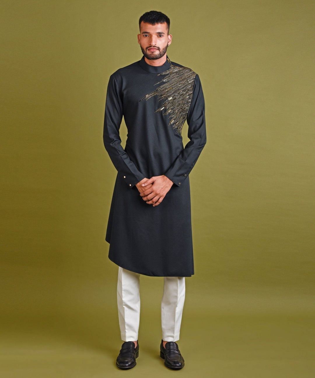 Black Asymetrical Kurta With Chest Cutdana Work Chatenya Mittal - Fabilicious Fashion