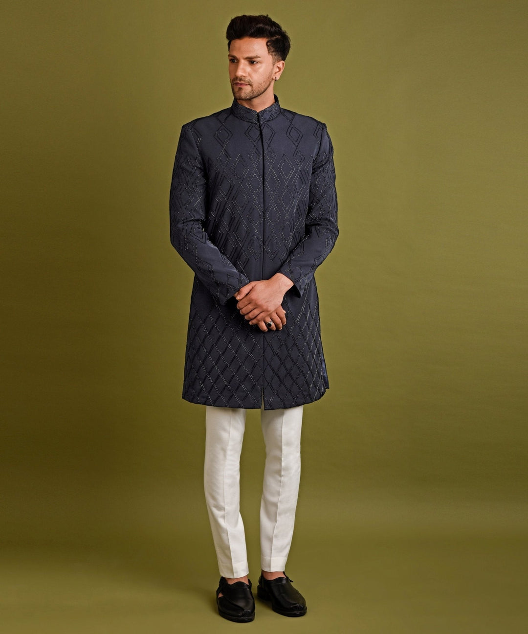 Black Blue Diamond Shape Embellished Sherwani Chatenya Mittal - Fabilicious Fashion