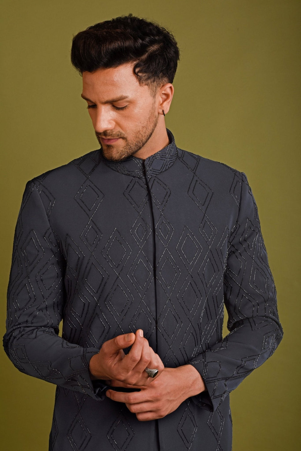 Black Blue Diamond Shape Embellished Sherwani Chatenya Mittal - Fabilicious Fashion