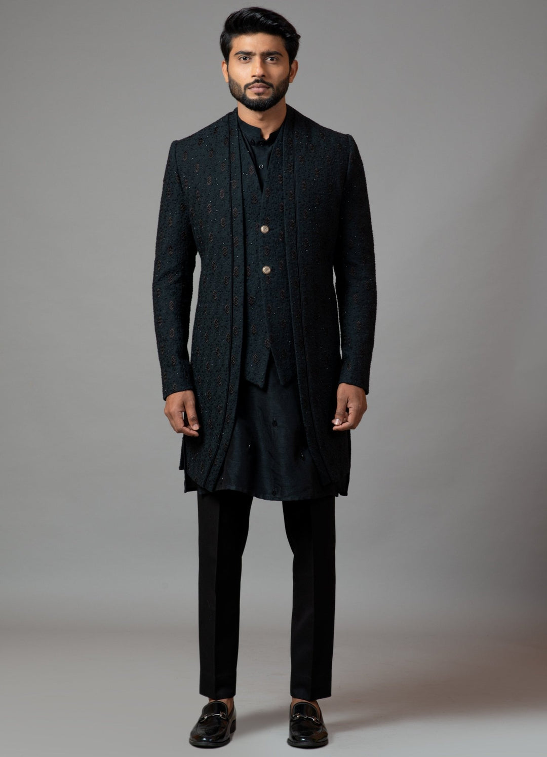 Black Double Panel Achkan With Motif Embroidery With Kurta Smriti - Fabilicious Fashion